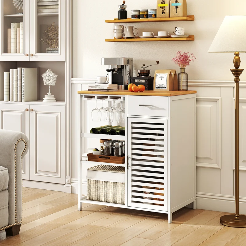 Coffee Bar Cabinet with Glass Holder, Wine Rack, Bamboo Top