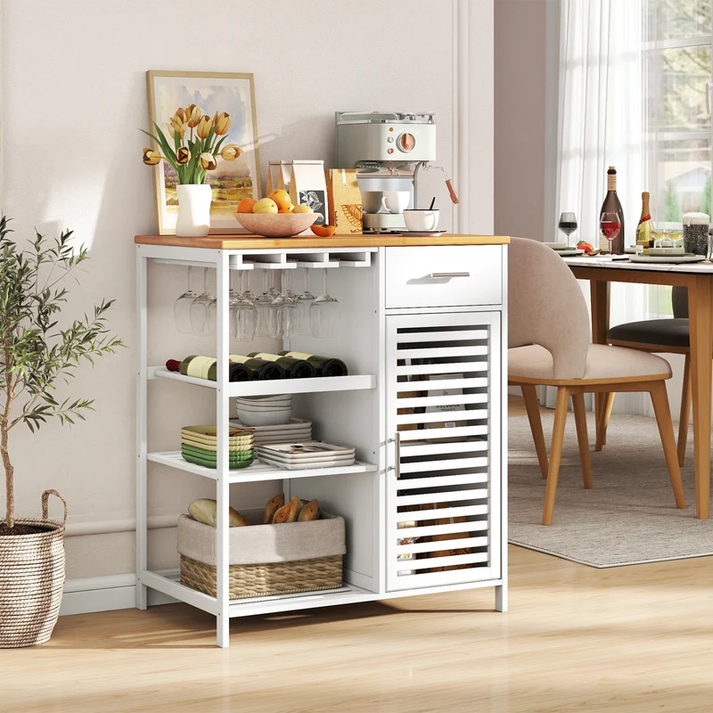 Coffee Bar Cabinet with Glass Holder, Wine Rack, Bamboo Top