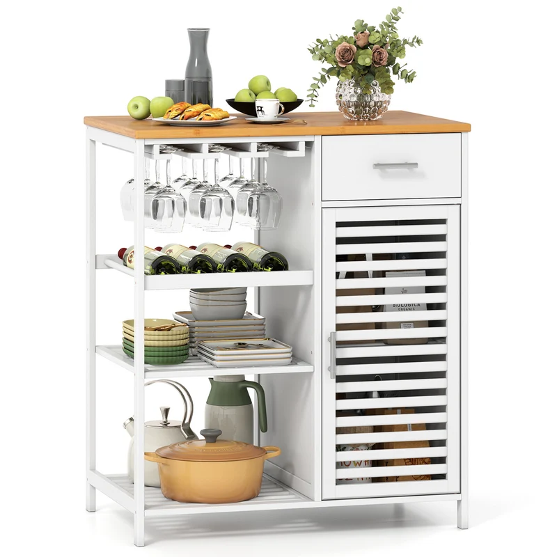 Coffee Bar Cabinet with Glass Holder, Wine Rack, Bamboo Top