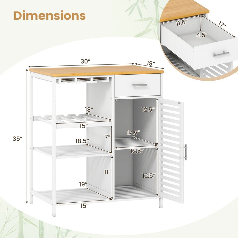 Coffee Bar Cabinet with Glass Holder, Wine Rack, Bamboo Top