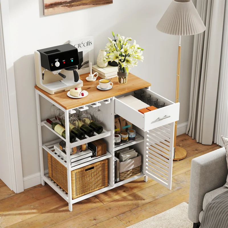 Coffee Bar Cabinet with Glass Holder, Wine Rack, Bamboo Top