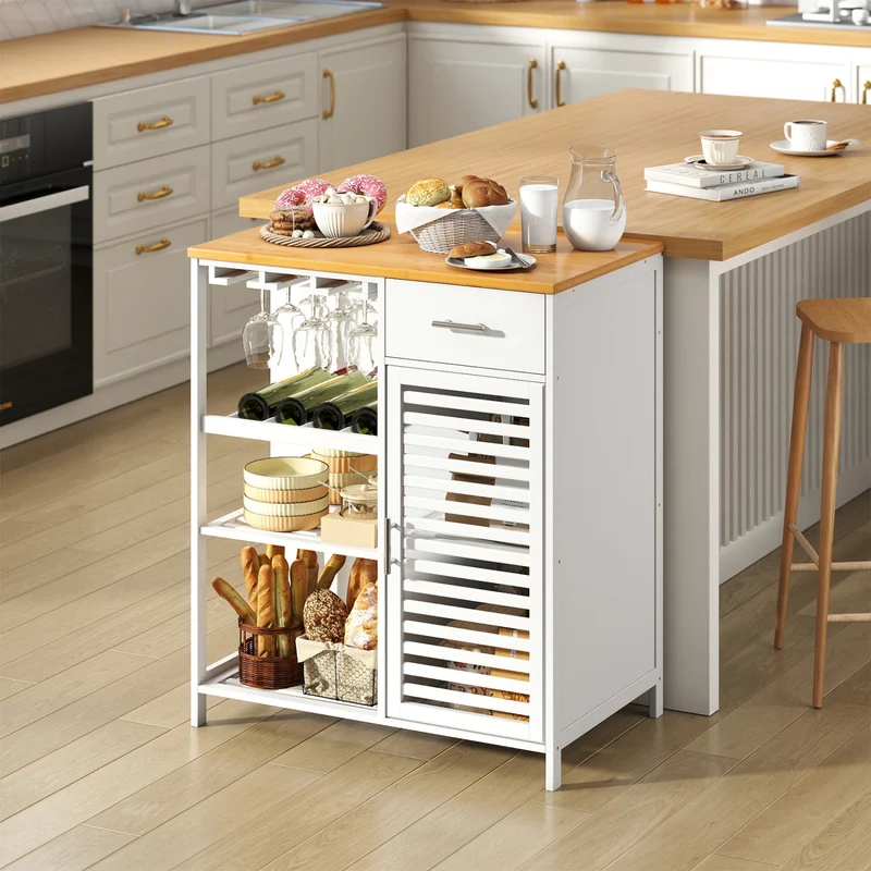 Coffee Bar Cabinet with Glass Holder, Wine Rack, Bamboo Top