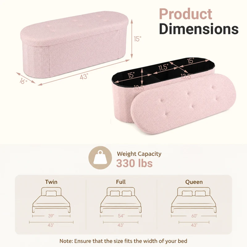 Folding Teddy Storage Bench with Dividers, 43", Pink