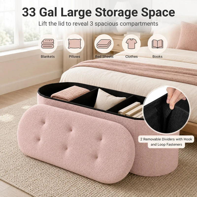 Folding Teddy Storage Bench with Dividers, 43", Pink