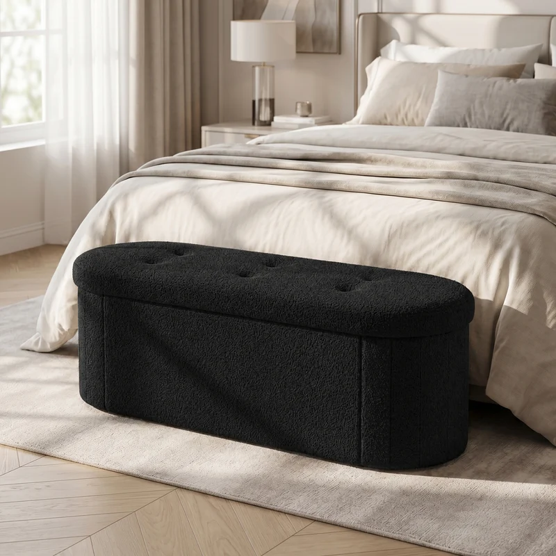 Folding Teddy Storage Ottoman Bench with Dividers, 43", Black