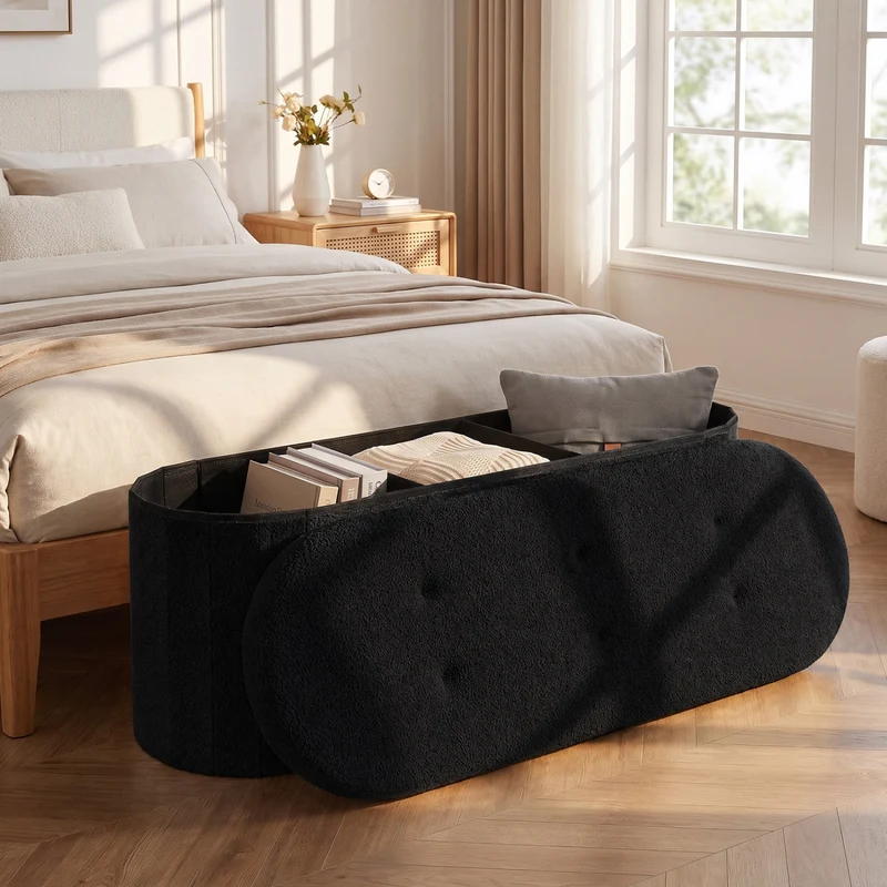 Folding Teddy Storage Ottoman Bench with Dividers, 43", Black