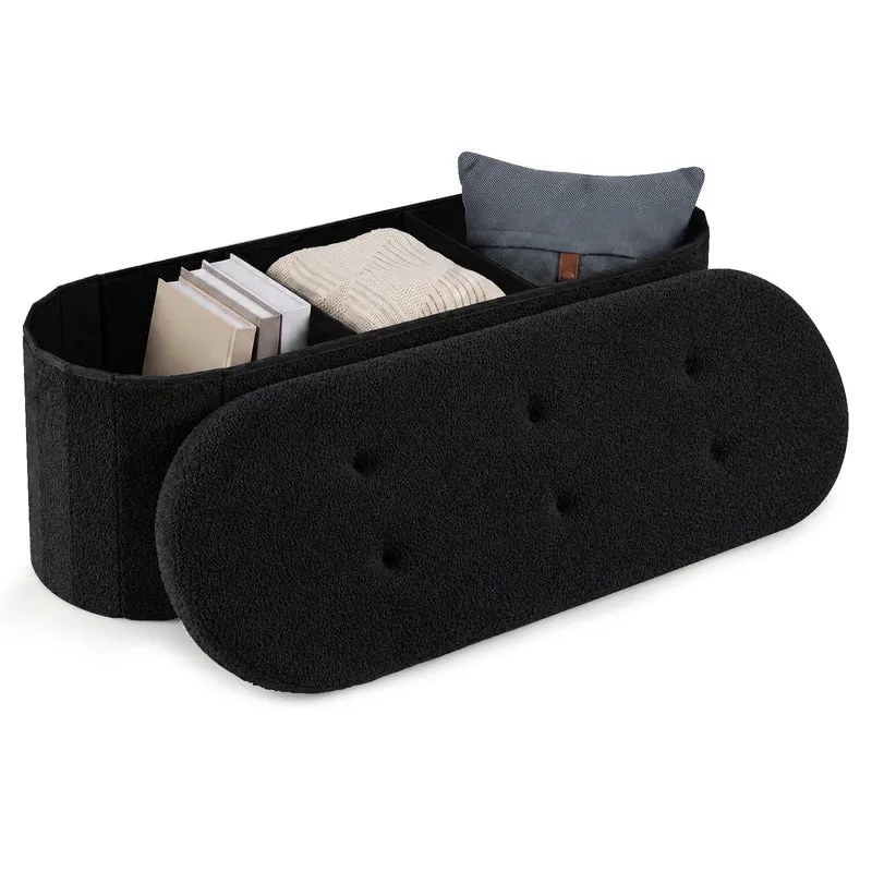 Folding Teddy Storage Ottoman Bench with Dividers, 43", Black
