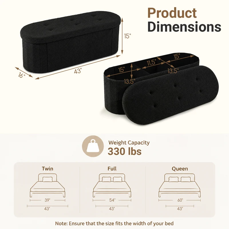 Folding Teddy Storage Ottoman Bench with Dividers, 43", Black