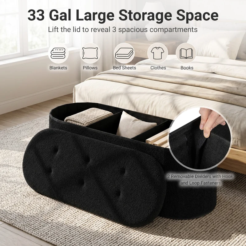 Folding Teddy Storage Ottoman Bench with Dividers, 43", Black