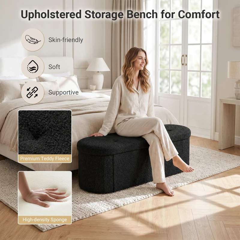 Folding Teddy Storage Ottoman Bench with Dividers, 43", Black