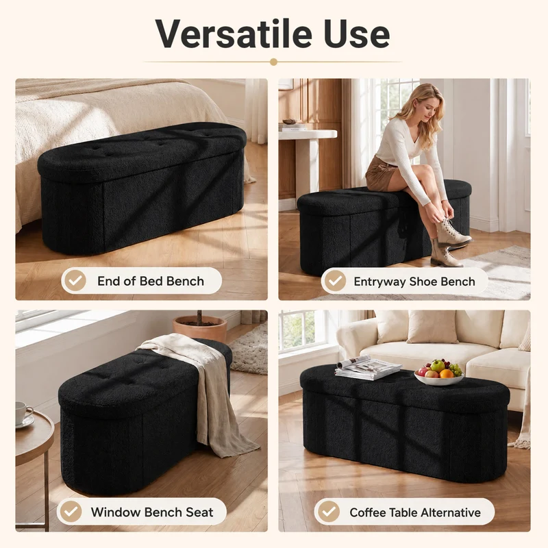 Folding Teddy Storage Ottoman Bench with Dividers, 43", Black