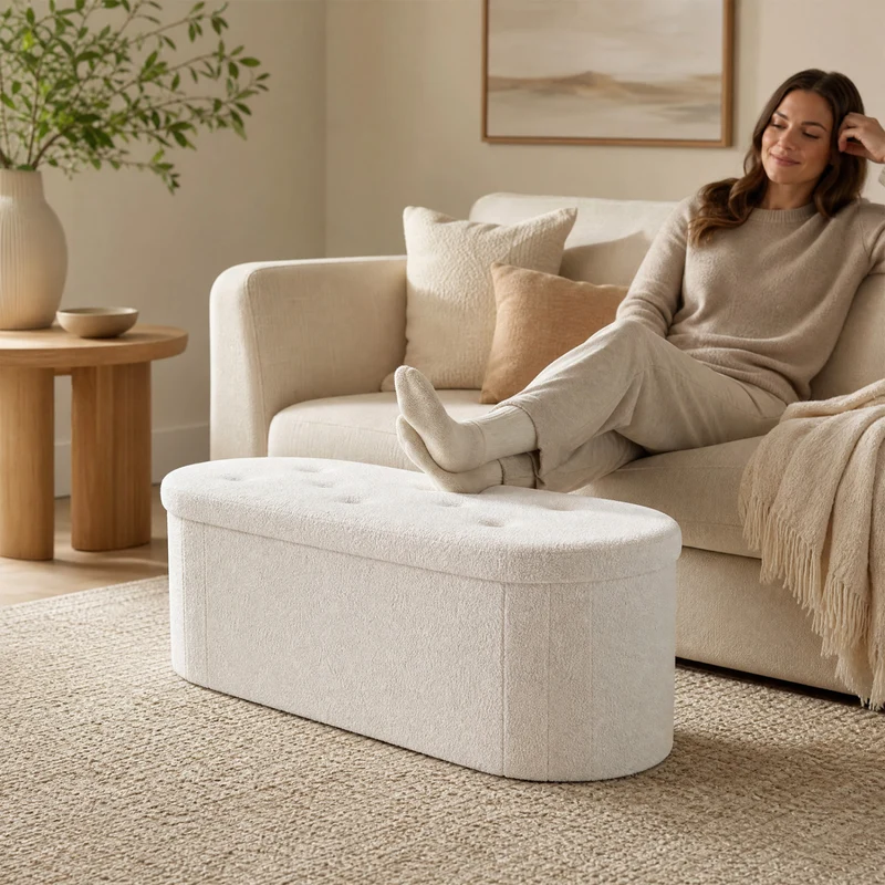 Folding Teddy Storage Ottoman Bench, 43", Beige