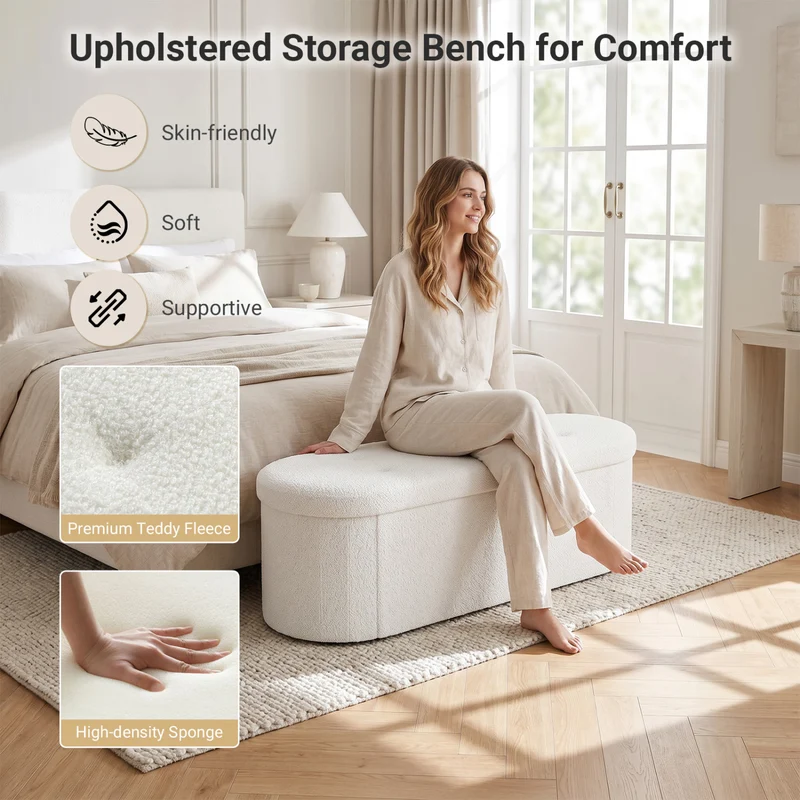 Folding Teddy Storage Ottoman Bench, 43", Beige