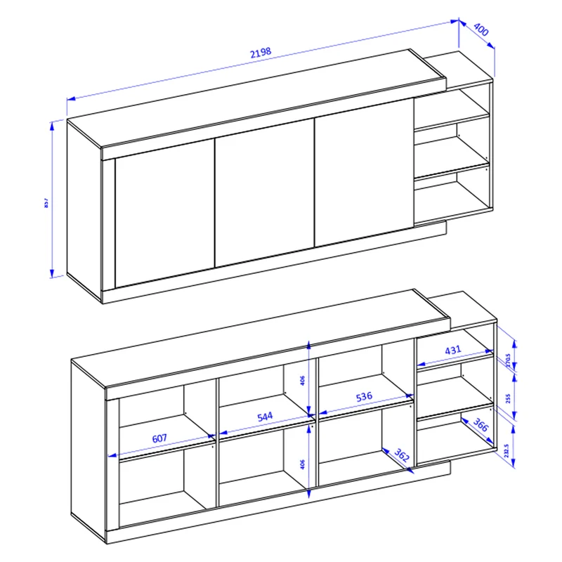Buffet long 3 portes Azior Blanc et Bois