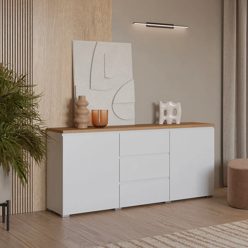 Buffet 2 portes 3 tiroirs Liko Blanc et Bois