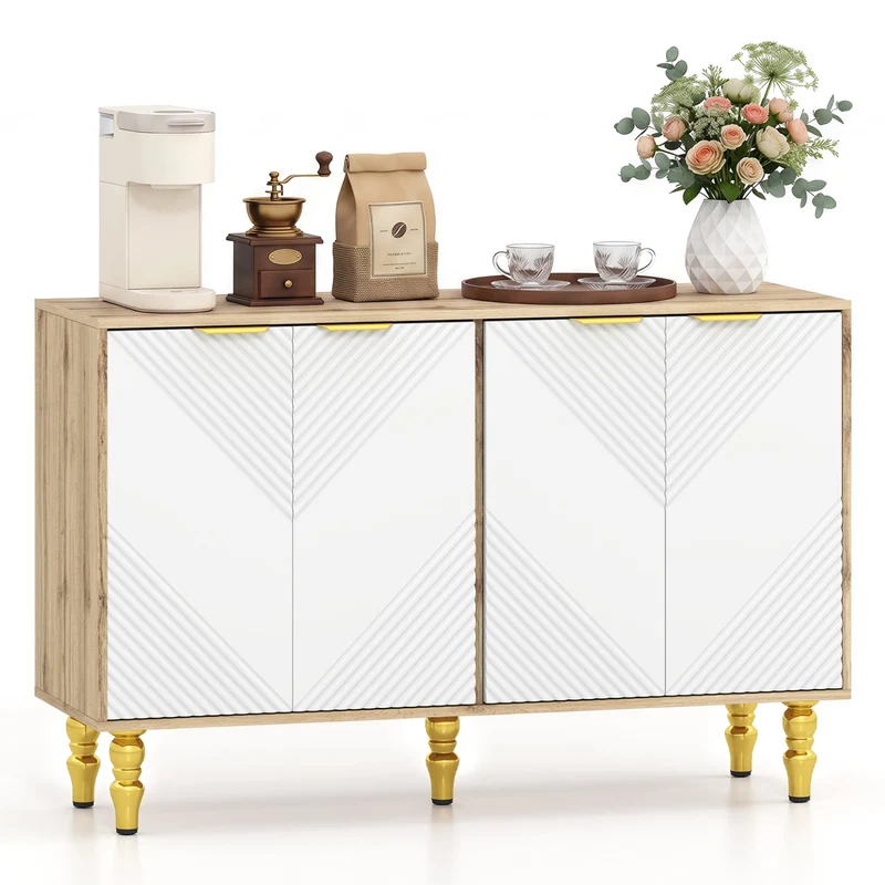 47" Sideboard Buffet Cabinet, 4 Fluted Doors, Anti-Toppling, Natural