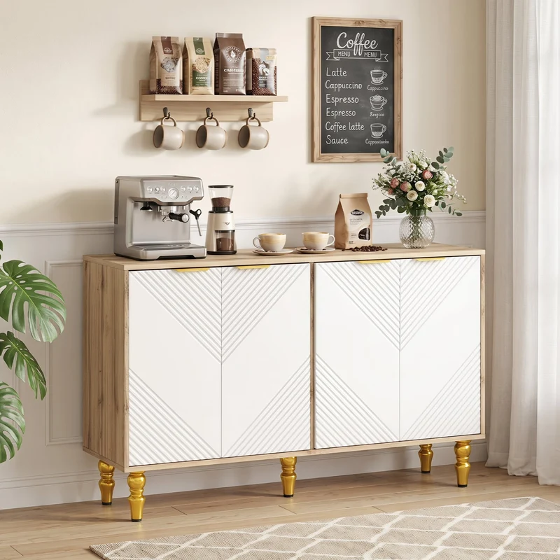 47" Sideboard Buffet Cabinet, 4 Fluted Doors, Anti-Toppling, Natural