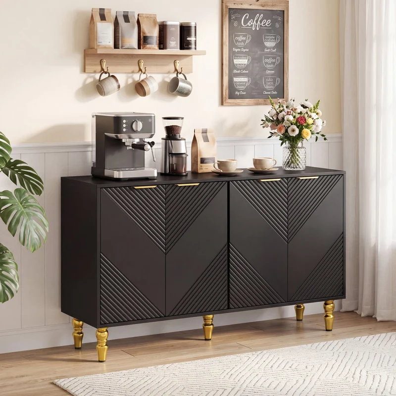 47" Sideboard Buffet Cabinet, 4 Fluted Doors, Anti-Toppling, Black