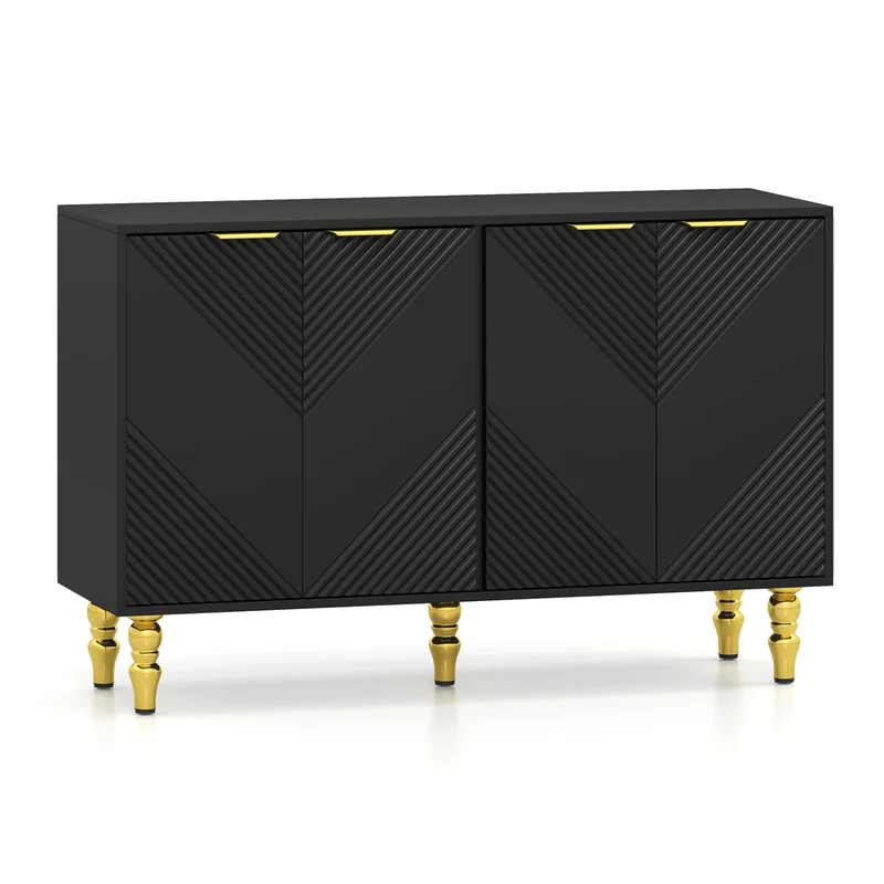 47" Sideboard Buffet Cabinet, 4 Fluted Doors, Anti-Toppling, Black