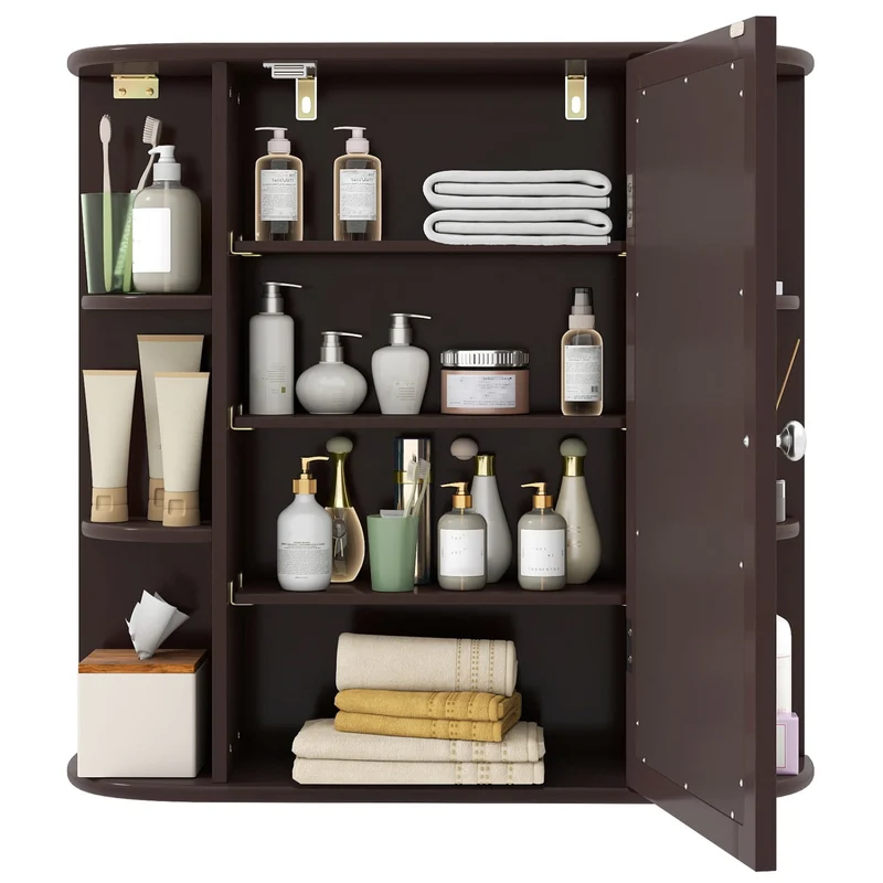 Bathroom Wall Cabinet, Mirror Door, 4 Shelves, Brown