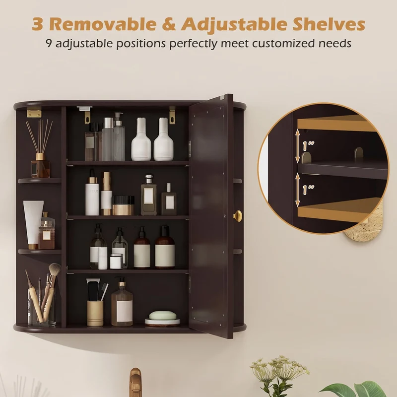 Bathroom Wall Cabinet, Mirror Door, 4 Shelves, Brown