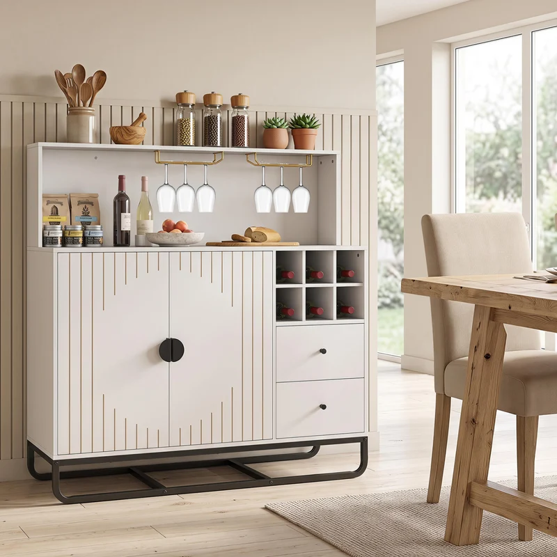 Bar Cabinet with Wine Rack & Glass Holder, White