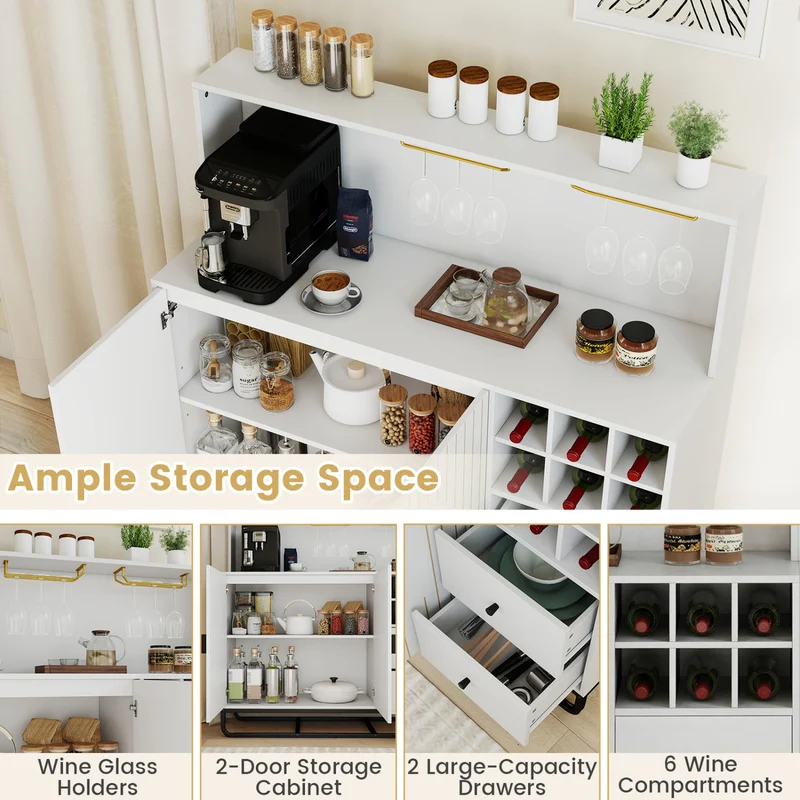 Bar Cabinet with Wine Rack & Glass Holder, White
