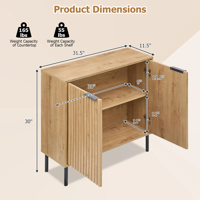 Fluted Buffet Cabinet, 2-Door Sideboard, Oak