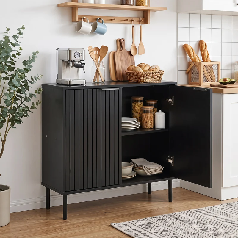 Fluted Buffet Cabinet, 2-Door Sideboard, Black