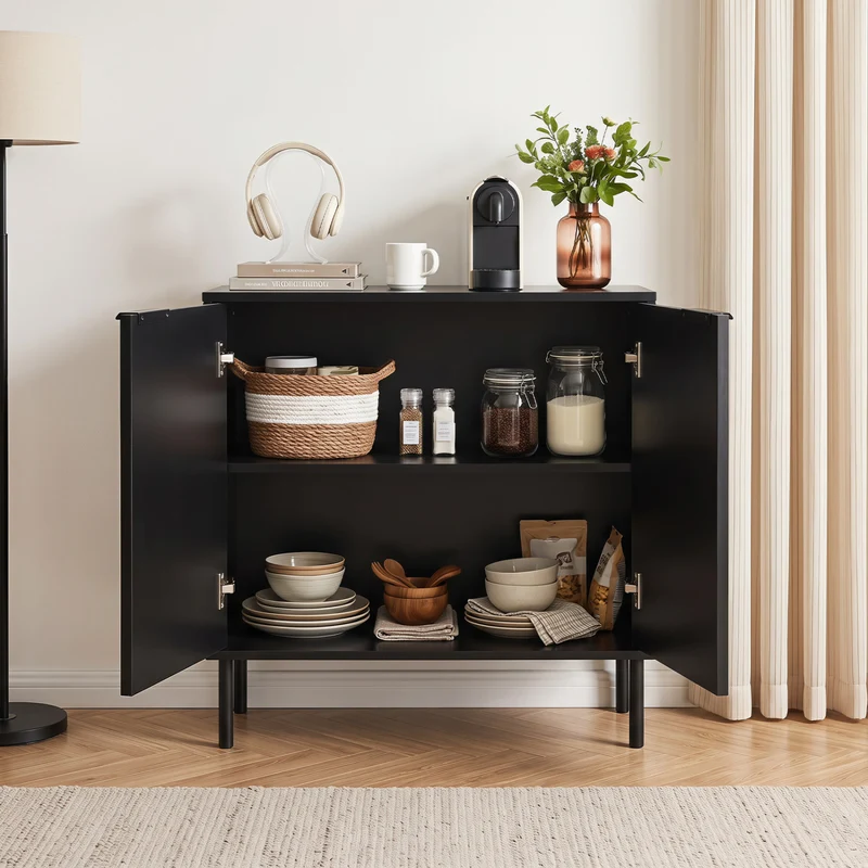 Fluted Buffet Cabinet, 2-Door Sideboard, Black