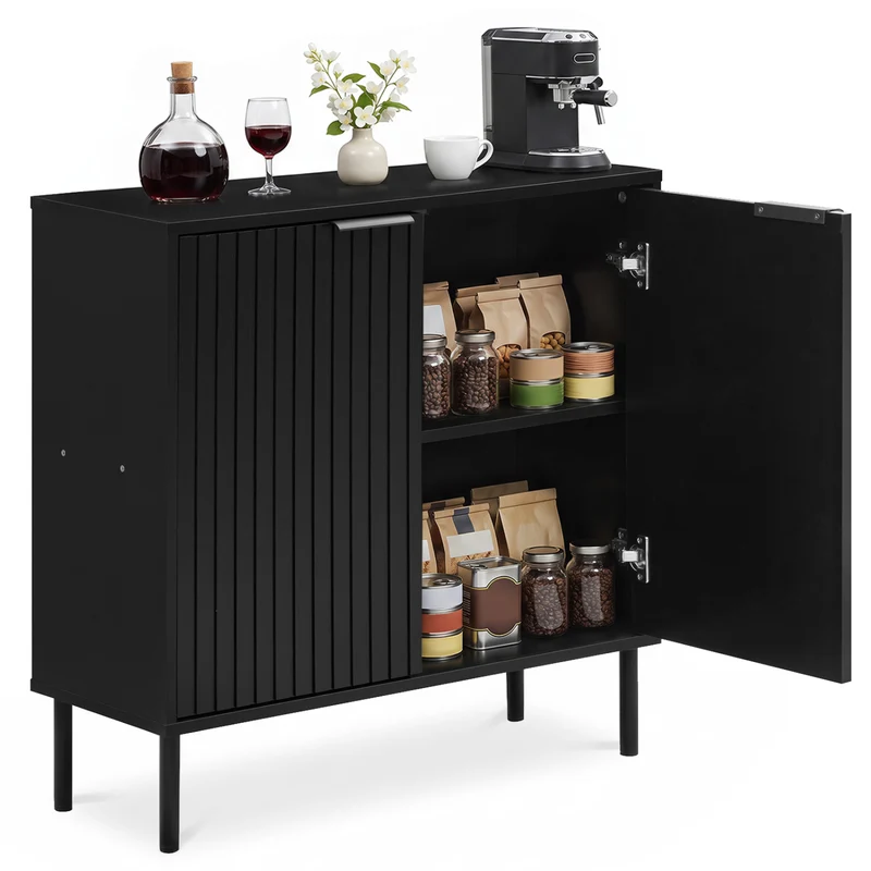 Fluted Buffet Cabinet, 2-Door Sideboard, Black