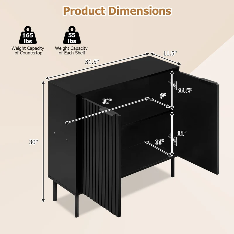 Fluted Buffet Cabinet, 2-Door Sideboard, Black