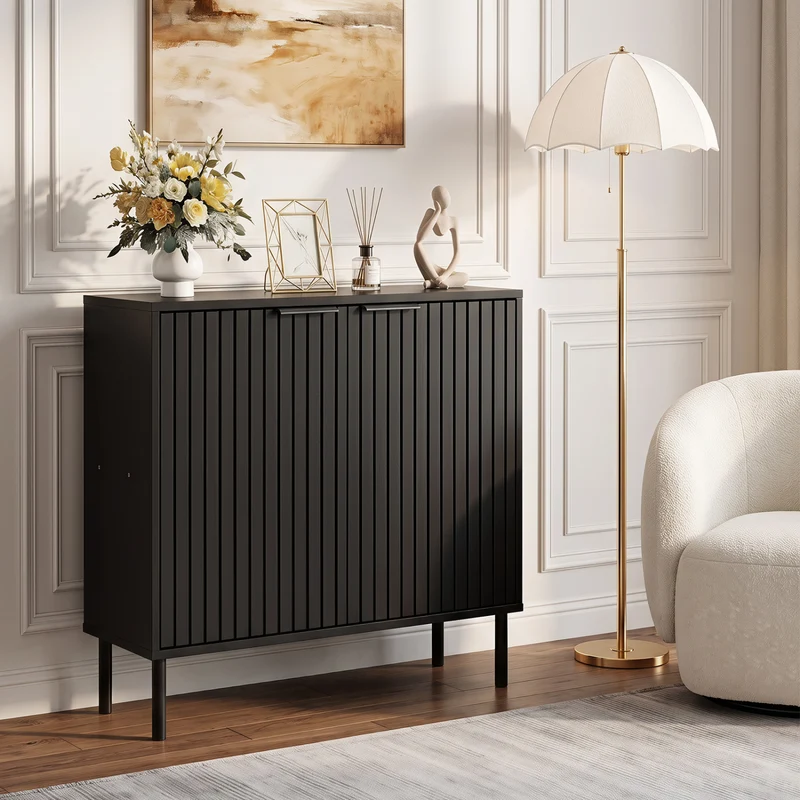 Fluted Buffet Cabinet, 2-Door Sideboard, Black