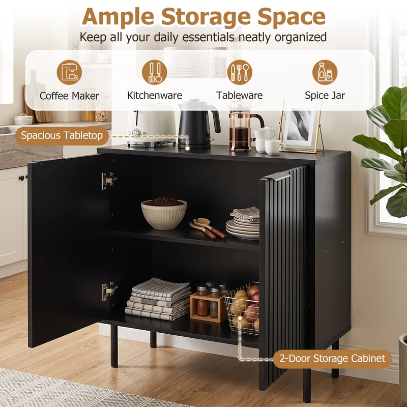 Fluted Buffet Cabinet, 2-Door Sideboard, Black