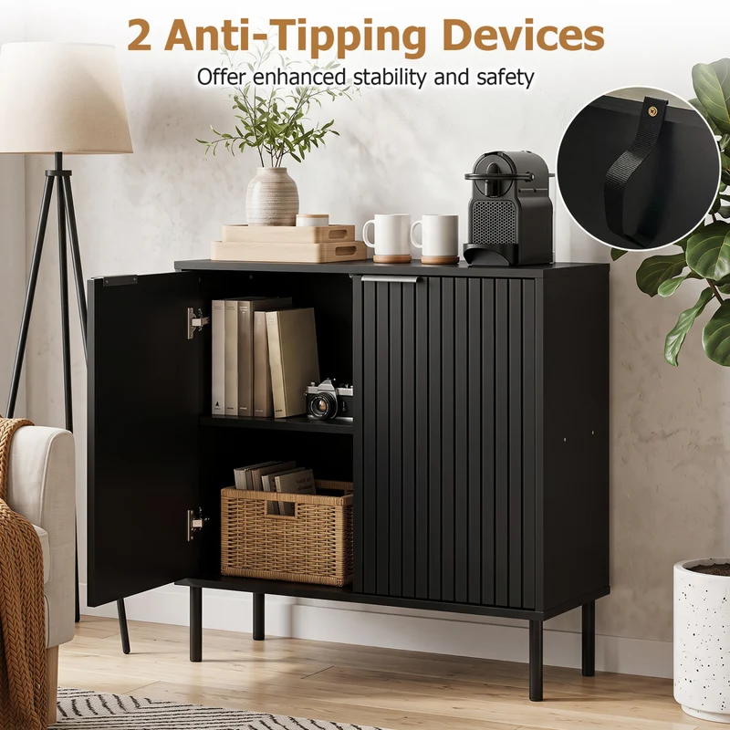 Fluted Buffet Cabinet, 2-Door Sideboard, Black