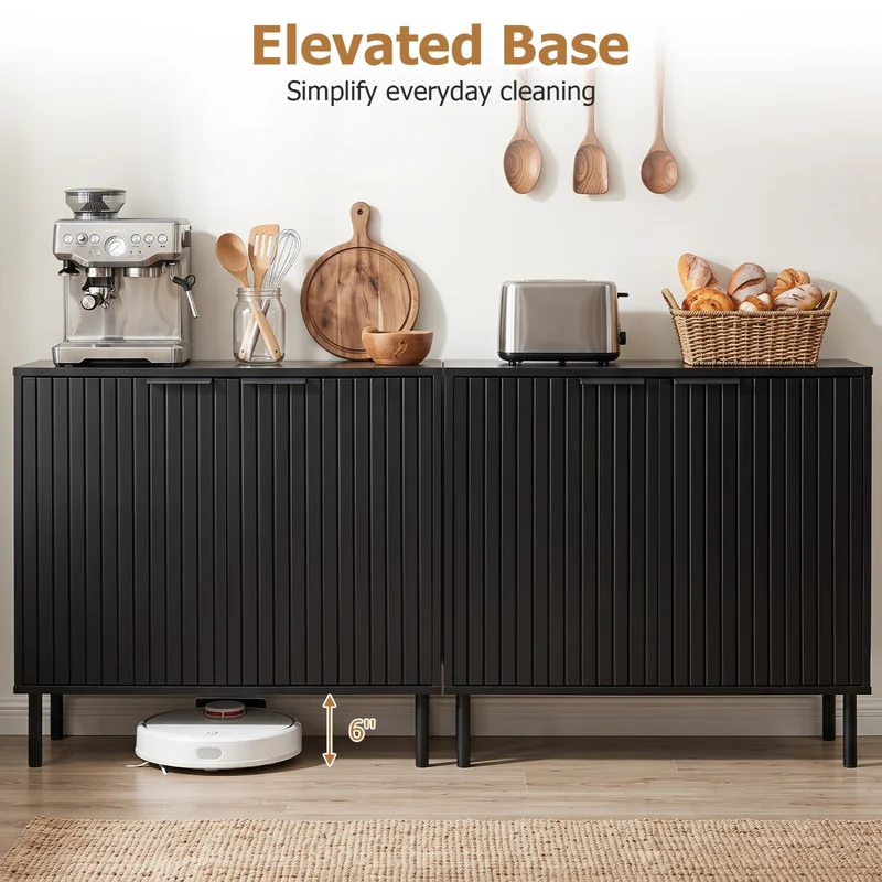 Fluted Buffet Cabinet, 2-Door Sideboard, Black