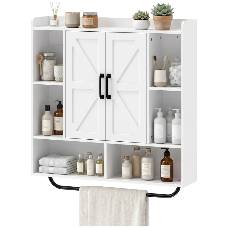 Bathroom Wall Cabinet, Open & Hidden Storage, White