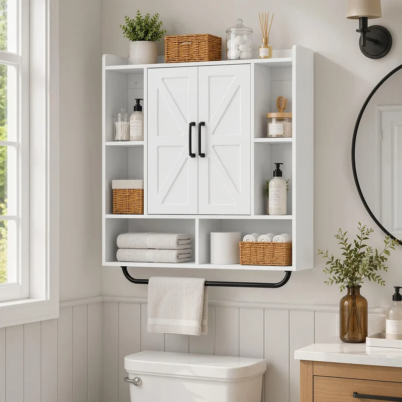 Bathroom Wall Cabinet, Open & Hidden Storage, White