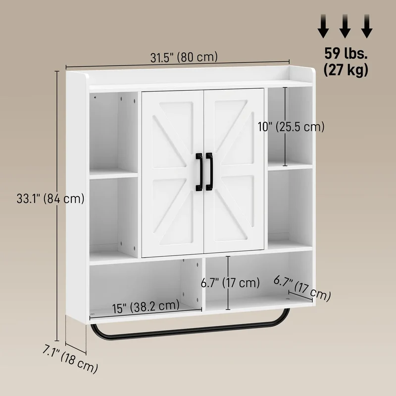 Bathroom Wall Cabinet, Open & Hidden Storage, White
