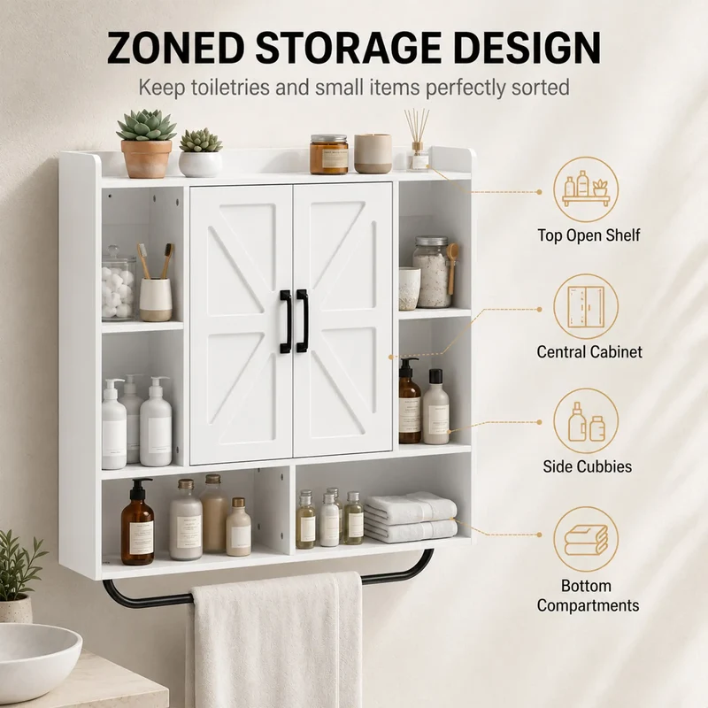 Bathroom Wall Cabinet, Open & Hidden Storage, White