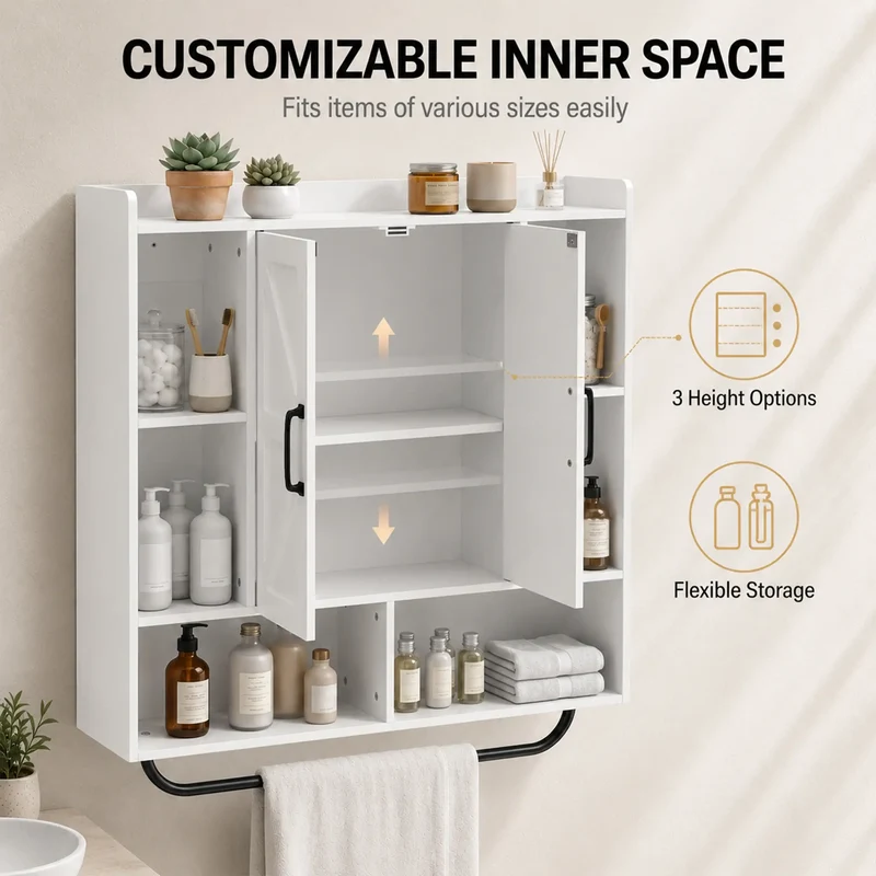 Bathroom Wall Cabinet, Open & Hidden Storage, White
