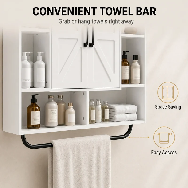 Bathroom Wall Cabinet, Open & Hidden Storage, White