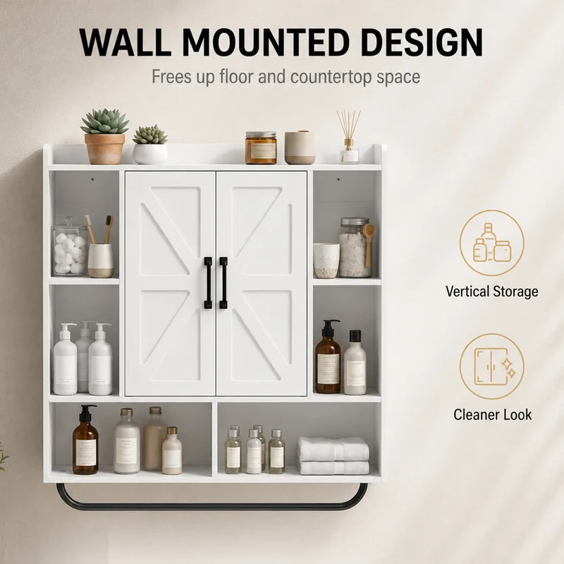 Bathroom Wall Cabinet, Open & Hidden Storage, White