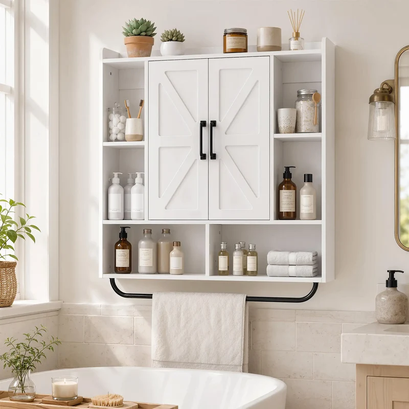 Bathroom Wall Cabinet, Open & Hidden Storage, White