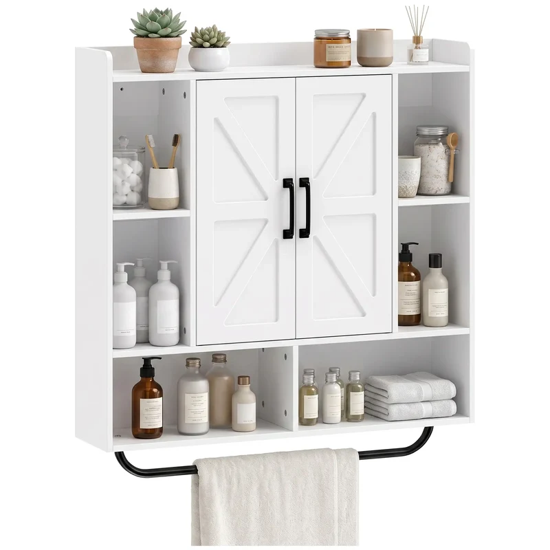 Bathroom Wall Cabinet, Open & Hidden Storage, White