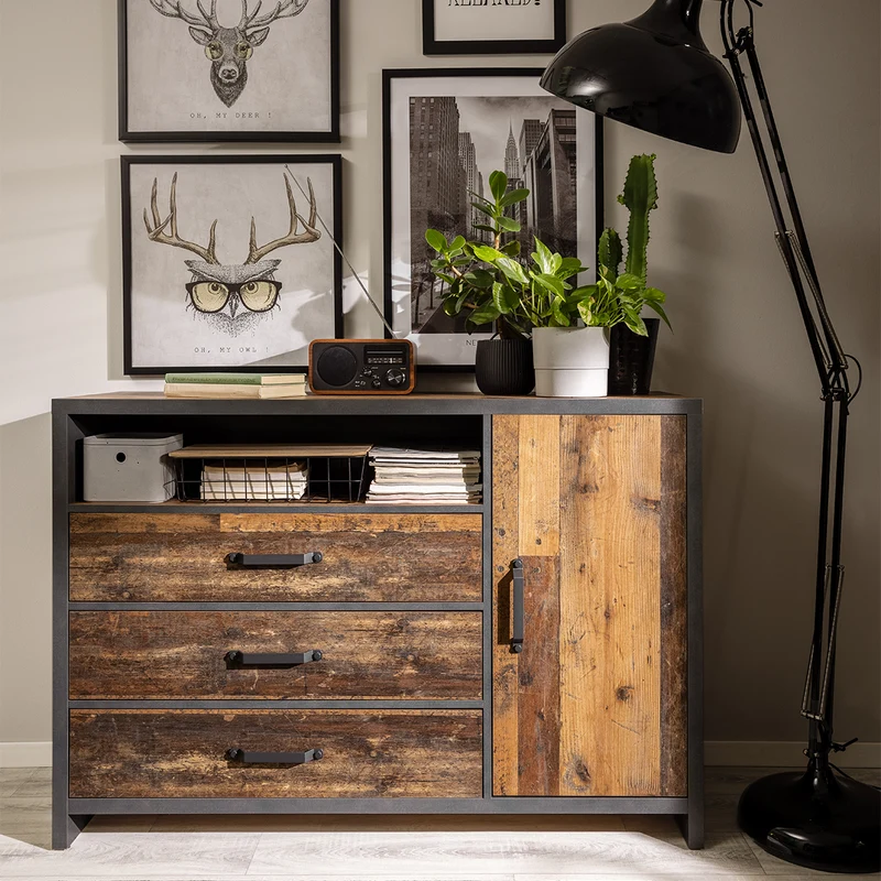 Buffet 1 porte 3 tiroirs Paul Bois et Gris anthracite