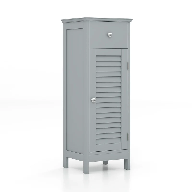 Wooden Bathroom Floor Storage Cabinet, With Drawer And Shutter Door, Gray
