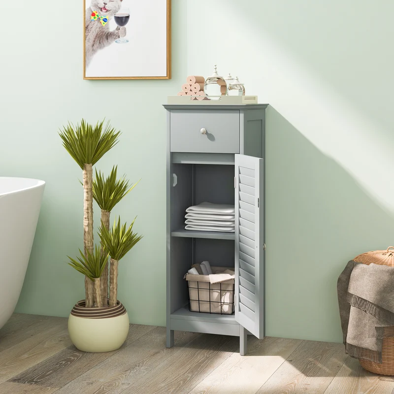 Wooden Bathroom Floor Storage Cabinet, With Drawer And Shutter Door, Gray