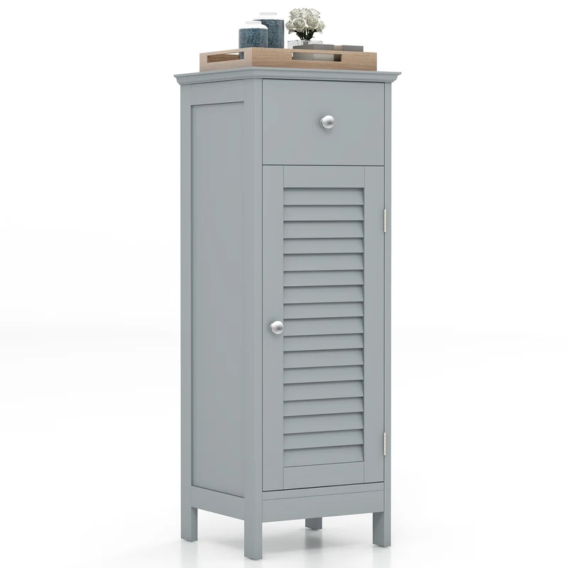 Wooden Bathroom Floor Storage Cabinet, With Drawer And Shutter Door, Gray