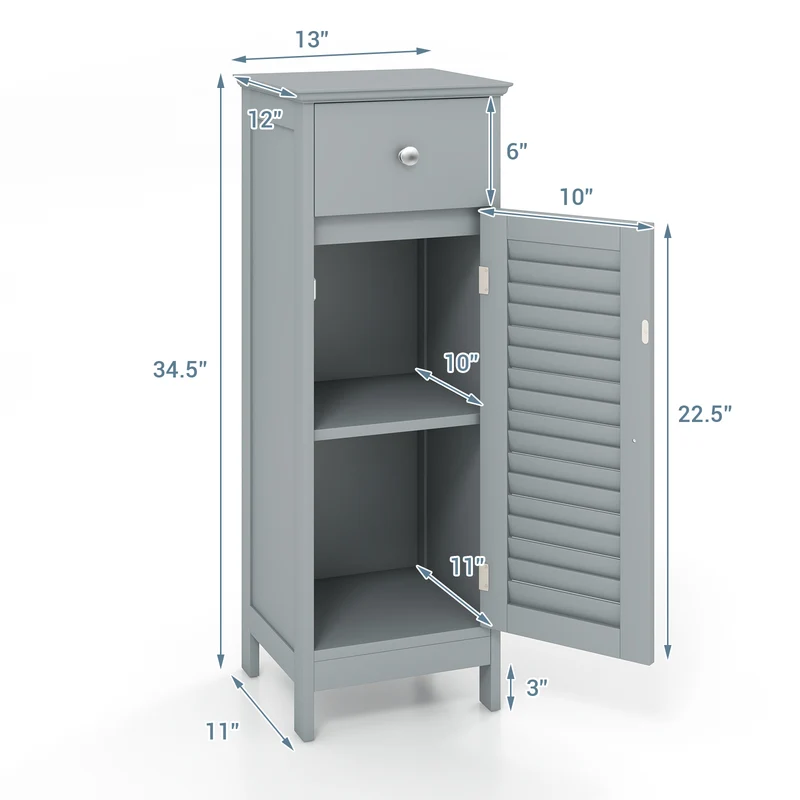 Wooden Bathroom Floor Storage Cabinet, With Drawer And Shutter Door, Gray